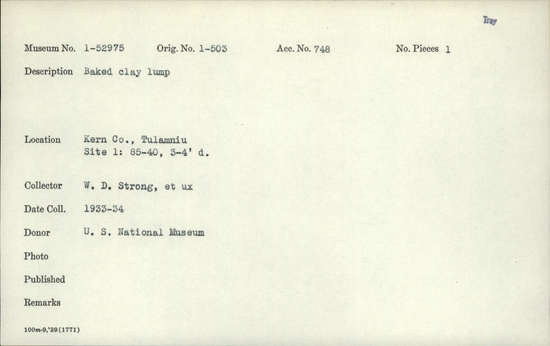 Documentation associated with Hearst Museum object titled Baked clay, accession number 1-52975, described as Baked clay lump