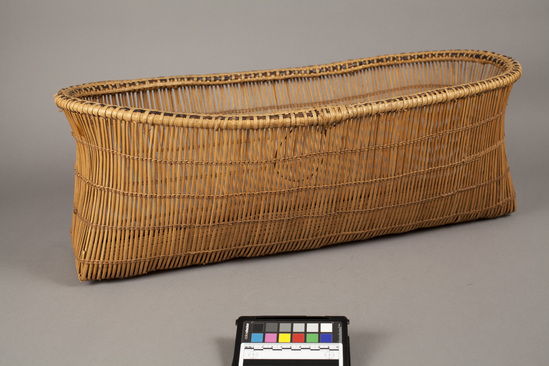 Hearst Museum object titled Basket, accession number 5-1687, described as Woman's basket; open work, rectangular bottom; 26" x 11.5" x 9", 66.0cm x 29.2 cm x 22 16cm For carrying things to and from fields