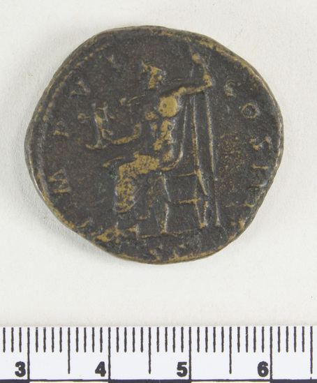 Hearst Museum object 3 of 8 titled Coin: æ sestertius, accession number 8-5521, described as Coin; AE; Sestertius; Roman. 25.82 grams, 31.5 mm. Marcus Aurelius Antoninus, 172-173 AD. Rome, Italy. Obverse: M ANTONINUS AUG TR P XXVII, bust r. laureate. Reverse: JIMP VI COS III, upiter, naked to waist, seated facing l. on throne, holding Victory and scepter; in exergue, SC.