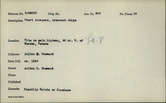 Documentation associated with Hearst Museum object titled Scrapers, accession number 1-68023, described as Crescent shaped chert scrapers