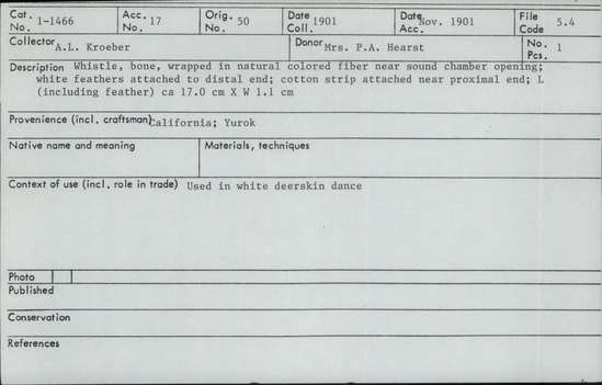 Documentation associated with Hearst Museum object titled Whistle, accession number 1-1466, described as Bone, wrapped in natural colored fiber near sound chamber opening. White feathers attached to distal end, cotton strip attached near proximal end.