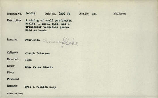 Documentation associated with Hearst Museum object titled Beads, accession number 2-8826, described as A string of small perforated shells, 1 shell disk, and 1 triangular turquoise piece. Notice: Image restricted due to its potentially sensitive nature. Contact Museum to request access.