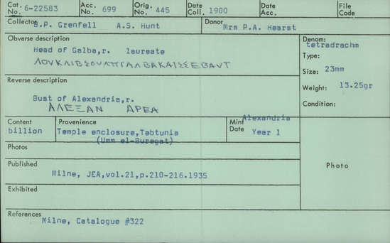 Documentation associated with Hearst Museum object titled Coin: billon tetradrachm, accession number 6-22583, described as head of Galba, right. laureate