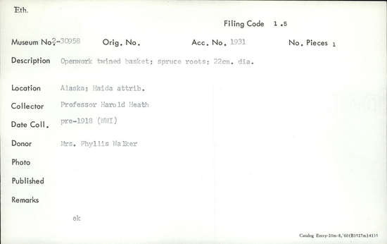 Documentation associated with Hearst Museum object titled Basket, accession number 2-30958, described as Openwork twined basket; spruce roots.