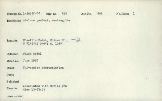 Documentation associated with Hearst Museum object titled Pendant, accession number 1-29636, described as Abalone shell; rectangular. Notice: Image restricted due to its potentially sensitive nature. Contact Museum to request access.