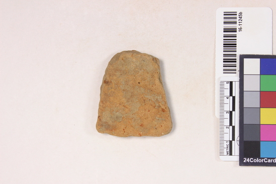 Hearst Museum object 4 of 4 titled Potsherd, accession number 16-11245b, described as Sherds, thick, soft, yellow-gray; little temper, fine with occasional large pieces of pottery, 1 neck or rim, 2 body.