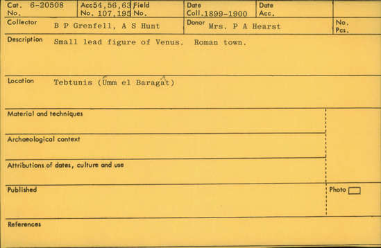 Documentation associated with Hearst Museum object titled Venus figurine, accession number 6-20508, described as Small lead figure of Venus (Greek: Aphrodite). Roman town.