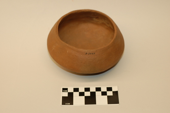 Hearst Museum object titled Clay pot, accession number 3-3045, described as Bowl, ceramic, earthenware, globular, shouldered; diameter 14.3 cm x H 8.2 cm