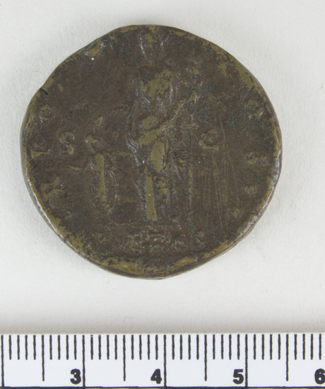 Hearst Museum object 13 of 14 titled Coin: æ sestertius, accession number 8-4887, described as Coin; AE; Sestertius; Roman. 22.80 grams, 32 mm. Marcus Aurelius, 148-149 AD. Rome, Italy. Obverse: AVRELIVS CAESAR AVG PII F, bust r. bare. Revere: TR POT III COS II, Pietas standing l., hand on head of small girl l.; in field, S C; in exergue, PIETAS. Remarks: Date is unlikely, falls during reign of Antoninus Pius.