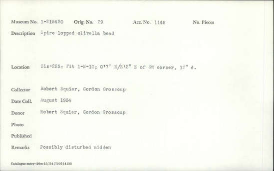 Documentation associated with Hearst Museum object titled Bead, accession number 1-215420, described as Spire lopped olivella