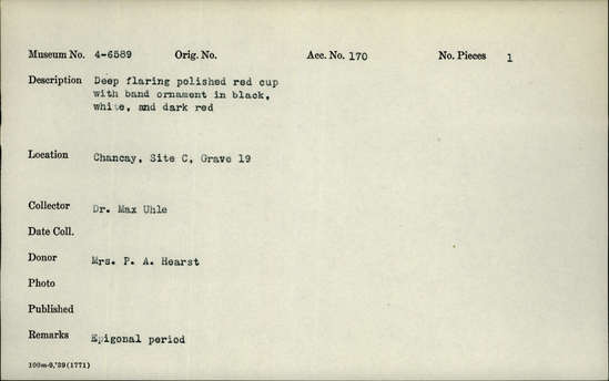 Documentation associated with Hearst Museum object titled Cup, accession number 4-6589, no description available.