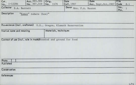 Documentation associated with Hearst Museum object titled Tubers, accession number 1-12284, described as Kamas (box). Roasted and ground.