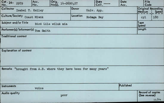 Documentation associated with Hearst Museum object titled Audio recording, accession number 24-2979, described as Bird Lile wiluk mia