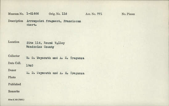 Documentation associated with Hearst Museum object titled Projectile point, accession number 1-51666, described as Arrow point fragment, Franciscan chert.