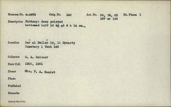 Documentation associated with Hearst Museum object titled Beer cup, accession number 6-6675, described as Pottery: deep pointed-bottomed buff; least diameter 4 1/2 cm, greatest diameter 6 cm, height 14 cm.