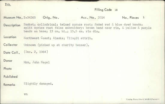 Documentation associated with Hearst Museum object titled Basket, accession number 2-34265, described as Cylindrical, twined spruce root, faded red and blue dyed bands; split spruce root false embroidery: brown band near rim, and yellow and purple bands on base. Slightly damaged.