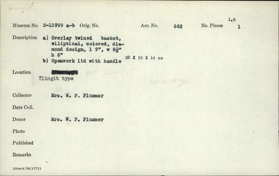 Documentation associated with Hearst Museum object titled Basket and lid, accession number 2-13999a,b, described as (a) Overlay twined basket, elliptical, colored, diamond design. (b) Openwork lid with handle.