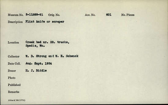 Documentation associated with Hearst Museum object titled Knife, accession number 2-11291, described as flint knife or scraper