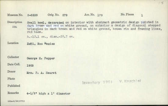 Documentation associated with Hearst Museum object titled Bowl, accession number 2-8339, described as Small, decorated on interior with abstract geometric design painted in dark brown and red on white ground, on exterior a design of diagonal stepped triangles in dark brown and red on white ground, brown rim and framing lines.