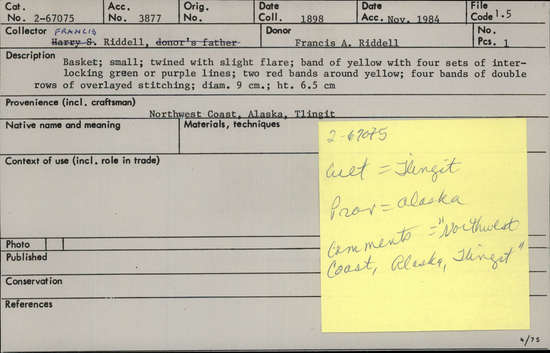 Documentation associated with Hearst Museum object titled Basket, accession number 2-67075, described as Small, twined with slight flare, band of yellow with 4 sets of interlocking green or purple lines, 2 red bands around yellow, 4 bands of double rows of overlayed stitching.