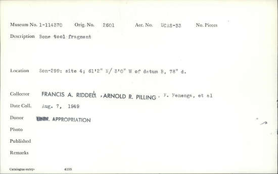 Documentation associated with Hearst Museum object titled Worked bone, accession number 1-114370, described as Bone.