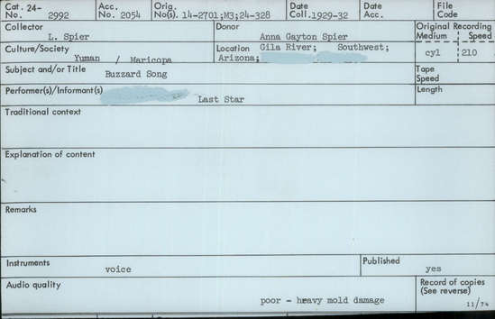 Documentation associated with Hearst Museum object titled Audio recording, accession number 24-2992, described as Buzzard Song