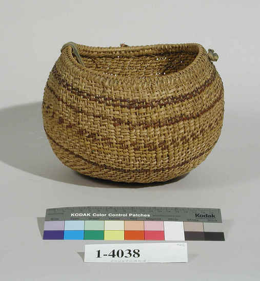 Hearst Museum object titled Basket, accession number 1-4038, described as Basket; twined. Warp is redbud (Cercis occidentalis), weft is possibly redbud. Red pattern is also redbud.