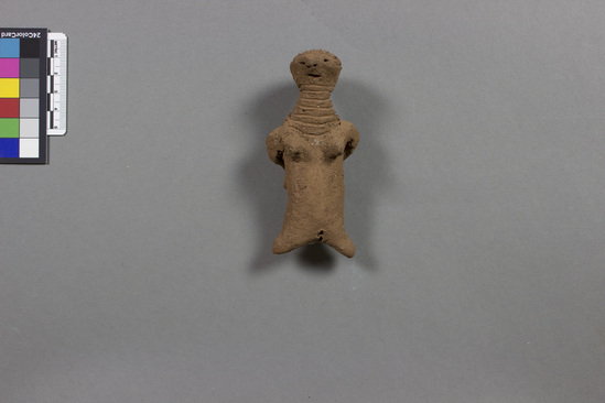 Hearst Museum object titled Figurine, accession number 5-4707, described as Rough pottery figurine; woman with baby on her back; ht. 10 cm.