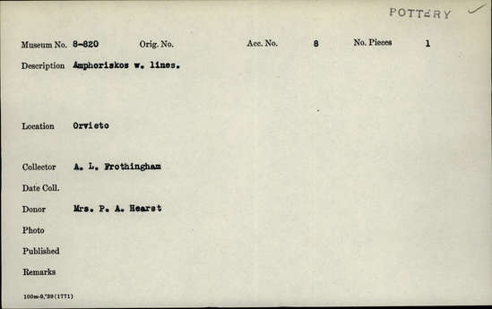 Documentation associated with Hearst Museum object titled Amphoriskos, accession number 8-820, described as Amphoriskos with lines.