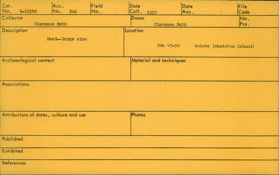 Documentation associated with Hearst Museum object titled Bead, accession number L-12542, described as Bead, large size