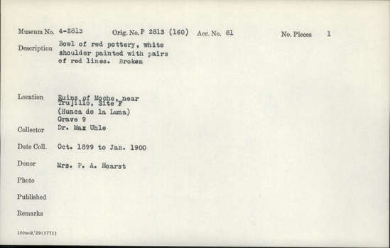 Documentation associated with Hearst Museum object titled Broken bowl, accession number 4-2813, described as Bowl of red pottery, white shoulder painted with pairs of red lines. Broken