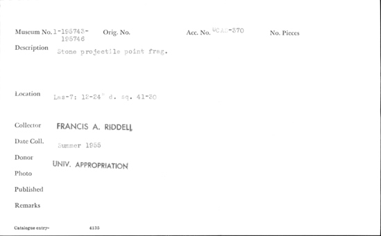 Documentation associated with Hearst Museum object titled Projectile point fragment, accession number 1-195743, described as Stone projectile point, fragment