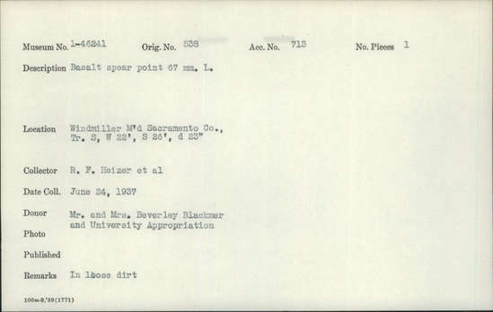 Documentation associated with Hearst Museum object titled Point, accession number 1-46241, described as Basalt spear point.