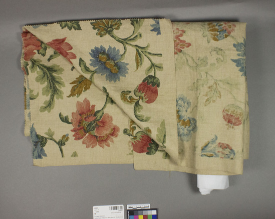 Hearst Museum object titled Textile, accession number 2-62637, described as Strip; linen, plain weave, printed, white ground, varicolored designs, basket and floral motives