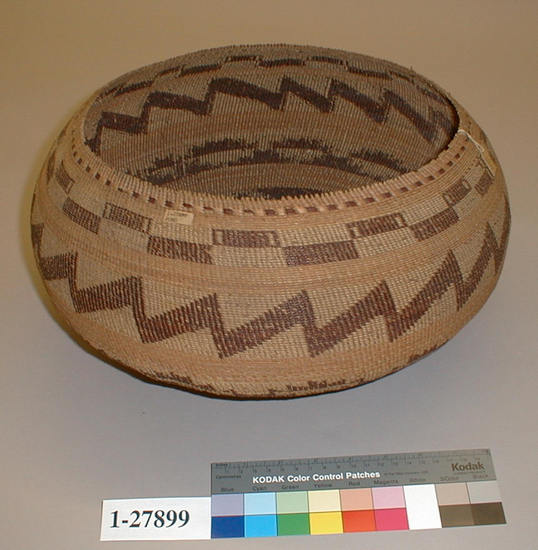 Hearst Museum object titled Basket, accession number 1-27899, described as Squat, globose.  Twined.  Brown design.