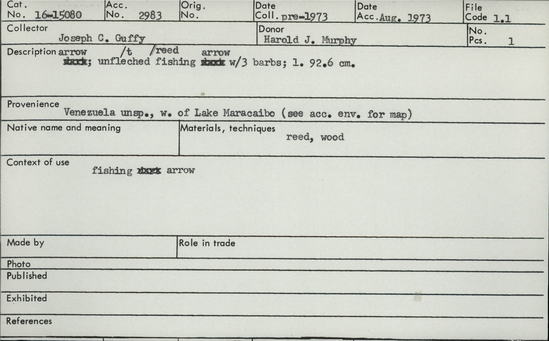 Documentation associated with Hearst Museum object titled Arrow, accession number 16-15080, described as Arrow; unfletched reed fishing arrow with 3 barbs; length 92.6 cm