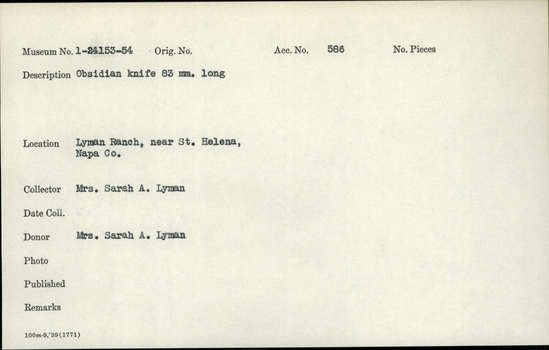 Documentation associated with Hearst Museum object titled Knife, accession number 1-24153, described as Obsidian knife.