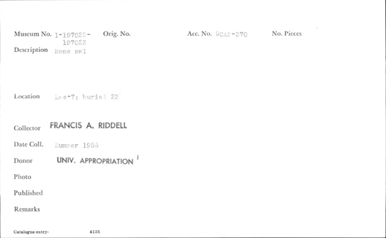 Documentation associated with Hearst Museum object titled Awl, accession number 1-197022, described as Bone awl