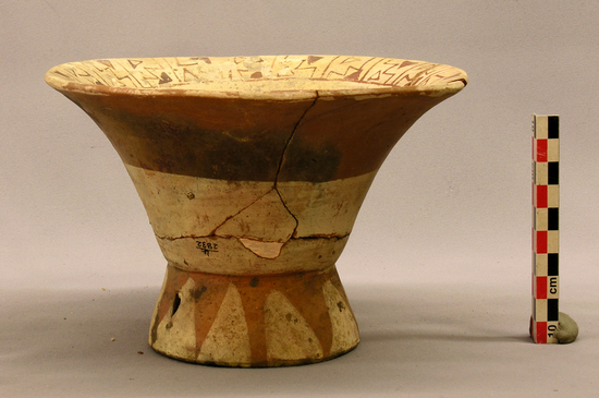 Hearst Museum object 1 of 5 titled Bowl, accession number 4-2832, described as Red and white flaring bowl, rattle foot