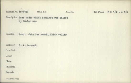 Documentation associated with Hearst Museum object titled Black-and-white negative, accession number 15-2612, described as Tree under which Spaniard was killed by Yokiah men.