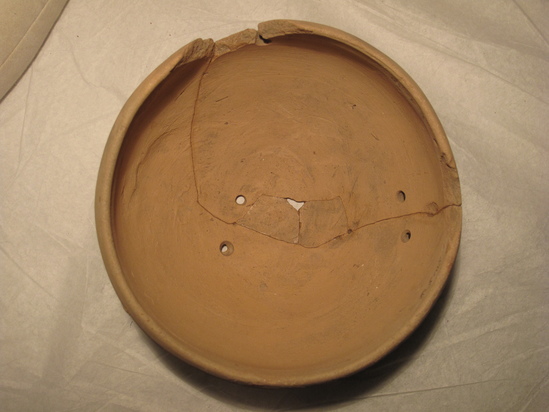 Hearst Museum object 35 of 48 titled Broken bowl, accession number 6-5108, described as Pottery: buff bowl, broken 5 small holes, slow ancient repairing; diameter 14 cm, height 8 cm.