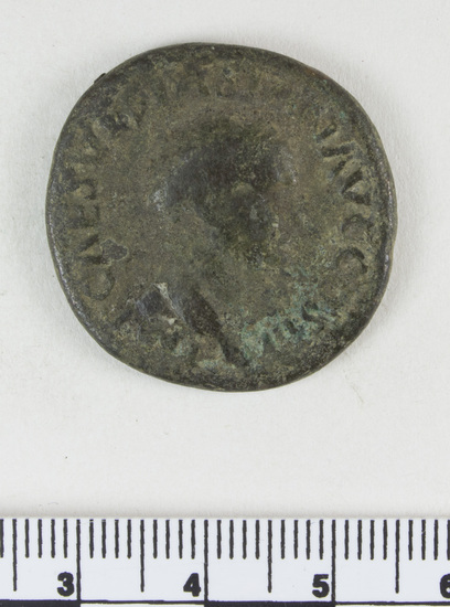 Hearst Museum object 3 of 8 titled Coin: æ as, accession number 8-6404, described as Coin; Æ; aes grave; as; Vespasian - 12.65 grams. Obverse: IMP CAES VESPASIAN AVG COS III - Head laureate facing right. Reverse: FORTVNAE REDVCI - SC in field - Fortuna standing facing left holding rudder on globe and cornucopiae.