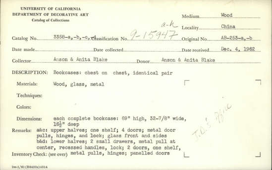 Documentation associated with Hearst Museum object titled Bookcase, accession number 9-15947a-f, described as Bookcases, chest on chest-- identical pair of wood, glass, and metal. A&C: upper halves, one shelf; 4 doors; metal door pulls, hinges, and lock. Glass front and sides b&d: lower halves; 2 small drawer, and metal pull at center, recessed handles, lock; 2 doors, one shelf; metal pulls; hinges; paneled doors.  Each complete bookcase: 69" height; 32 7/8" width; 16 1/2 deep.