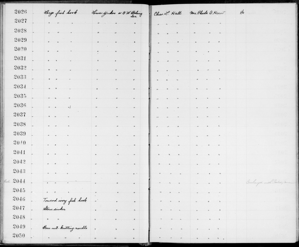 Documentation associated with Hearst Museum object titled Fishhook, accession number 2-2044, described as Long fish hook. Exchanged with Peabody Museum.