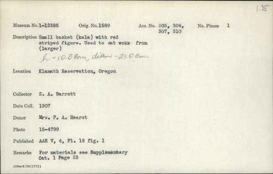 Documentation associated with Hearst Museum object titled Cooking basket, accession number 1-12385, described as Cooking basket; twined. Warp is twisted Tule skin (Schoenoplectus acutus), weft is twisted Tule and Cattail (Typha latifolia). Brown pattern is Tule root. Small, with red striped figure.  Indigenous name: kala.