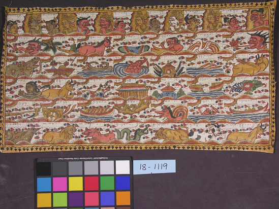 Hearst Museum object titled Textile, accession number 18-1119, described as Painting on cloth, an astrological calendar divided into squares for 28 days (but should be 35; abbreviated by one week), register of divinities above, and of day-animals below. 44 x 82 cm. Made for sale, but based upon calendars formerly used for establishing the horoscopes of children and for determining auspicious days for various ventures. This one shows its made-for-sale character in that it is not only reduced in size but is short one register of seven days. To make it right the artist omitted some day signs and inserted others out of sequence.