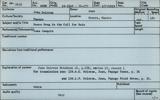 Documentation associated with Hearst Museum object titled Audio recording, accession number 24-2456, described as Dance Song in the Call for Rain Notebook 14, p.169 Series 15, Record 1