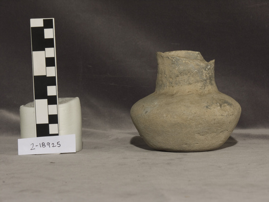 Hearst Museum object titled Jar, accession number 2-18925, described as Small pottery, unpainted.  Part of rim missing.