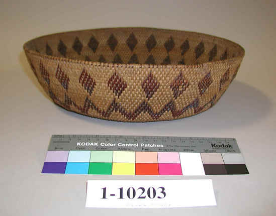 Hearst Museum object titled Basket, accession number 1-10203, described as Straight-walled, coiled.  Decoration: a horizontal row of solid red diamonds and, lower down, a horizontal band of red zigzags. Design material is of redbud. One-rod coiling with interlocking stitches.