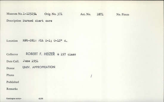 Documentation associated with Hearst Museum object titled Core, accession number 1-125254, described as Burned chert core.